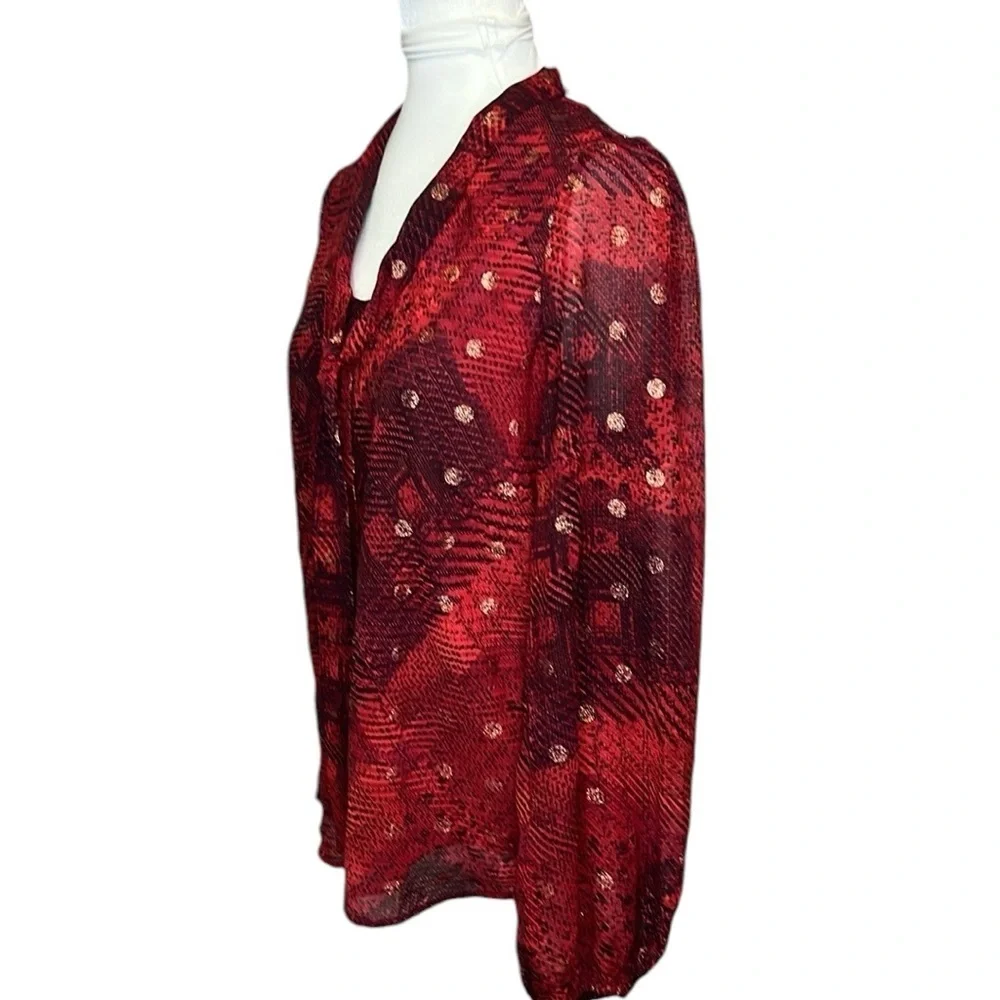 Black Label Evan Picone Tie Neck Blouse Red - Picture 2 of 5